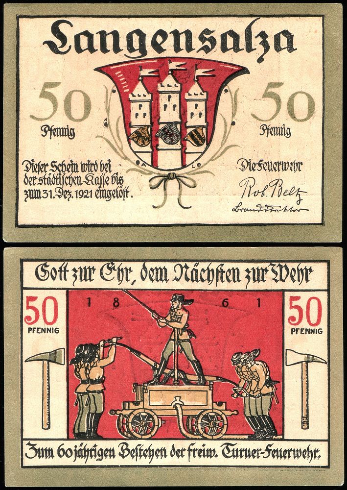 50 Pfennig Notgeld banknote of Langensalza celebrating the 60th anniversary of the volunteer fire department…