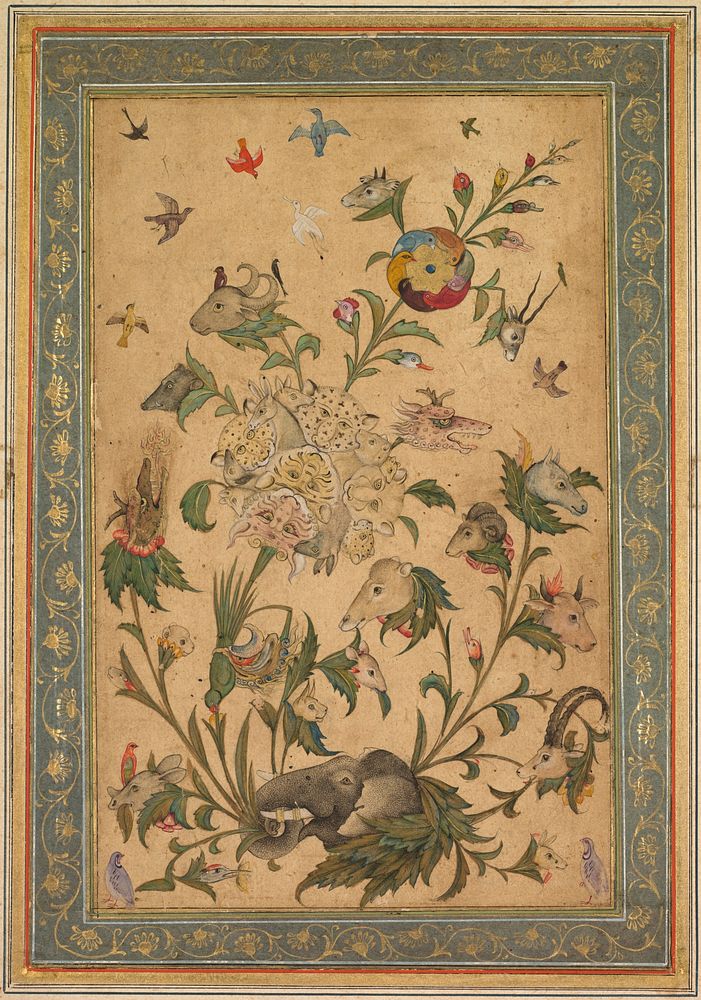 A floral fantasy of animals and birds (Waq-waq), early 1600s. India, Mughal. Opaque watercolor and gold on paper; page: 37.6…