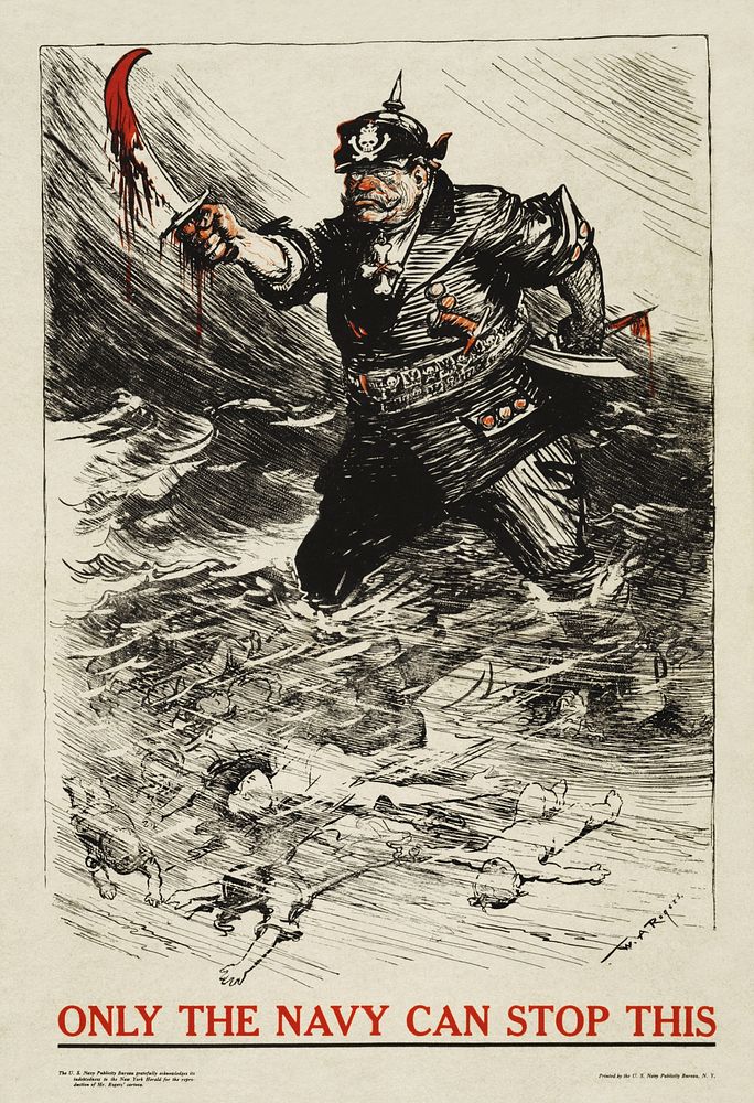 A WWI Recruitment poster, using a New York Herald cartoon by W.A. Rogers. Shows an anthropomorphised Germany wading through…