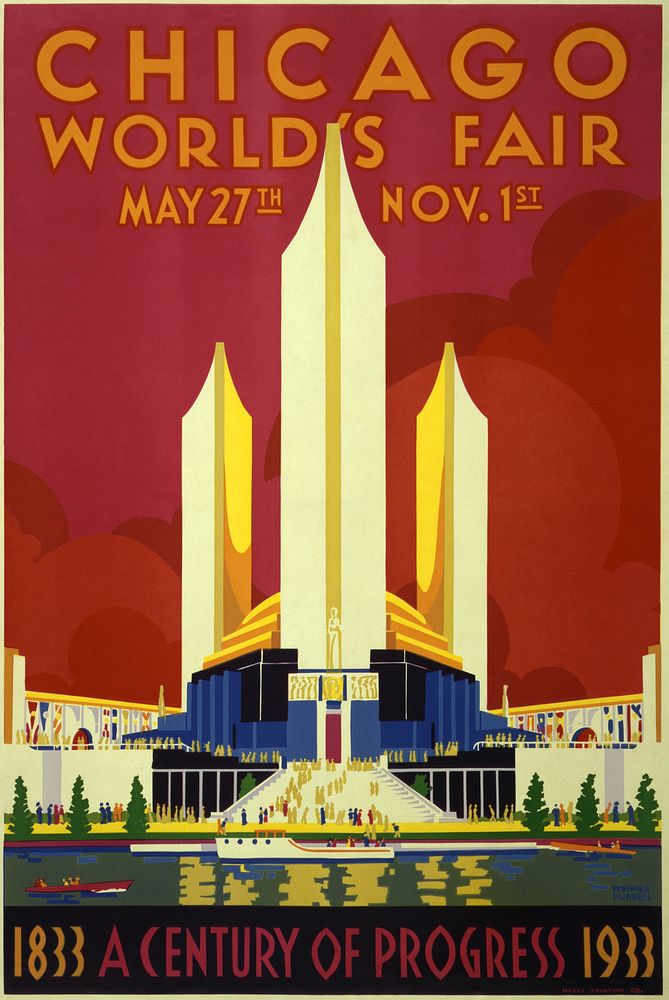 Poster for Century of Progress World's Fair showing exhibition buildings with boats on water in foreground.