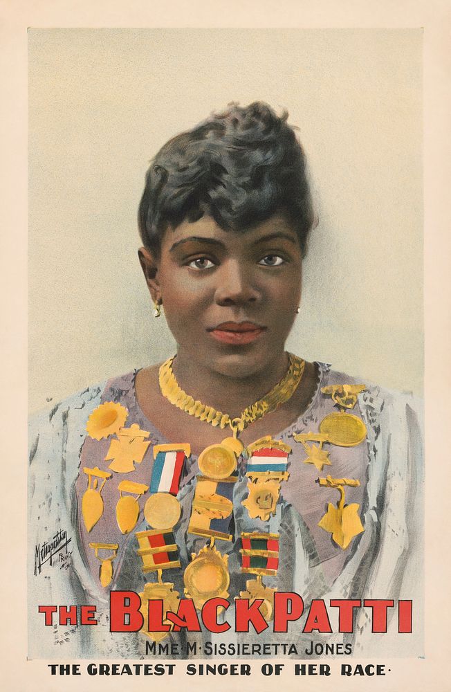 Poster: "The Black Patti, Mme. M. Sissieretta Jones, The Greatest Singer of her Race". Color lithograph ; sheet 77 x 50…