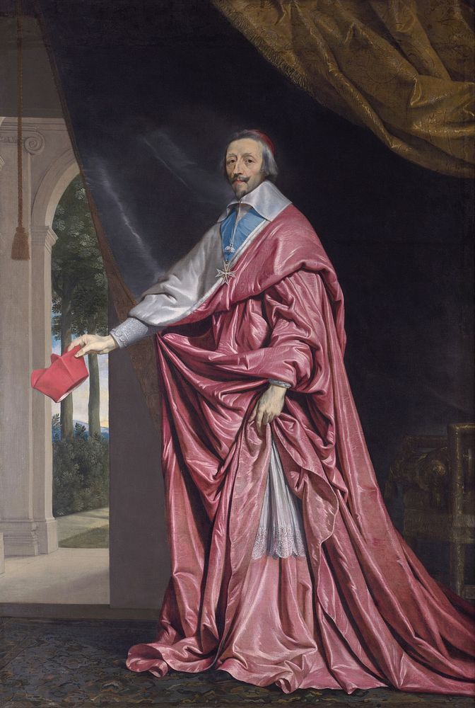 Der Kardinal in Ganzfigur mit dem Kardinalhut in der Rechten - ein Attribut seiner Kirchenmacht und Größe.