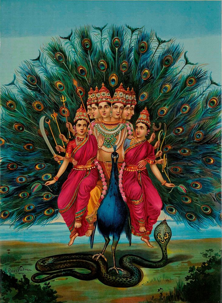 Hindu deity Karttikeya or Murugan with his consorts on his Vahana peacock.