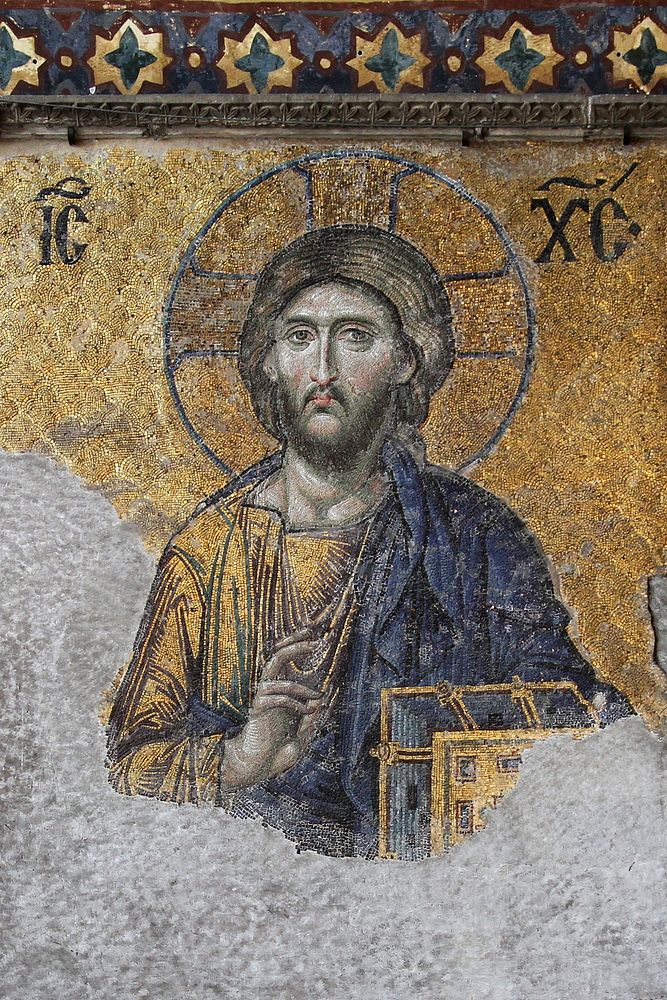 The Christ Pantocrator of the deesis mosaic (1261), in Hagia Sophia.
