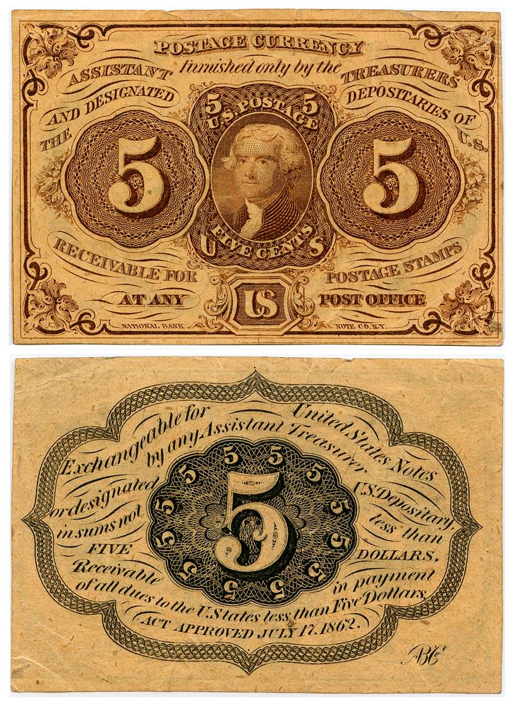 Five-cent US Postal Currency, first issue, featuring Thomas Jefferson. Gold, silver and copper coins were horded at the…