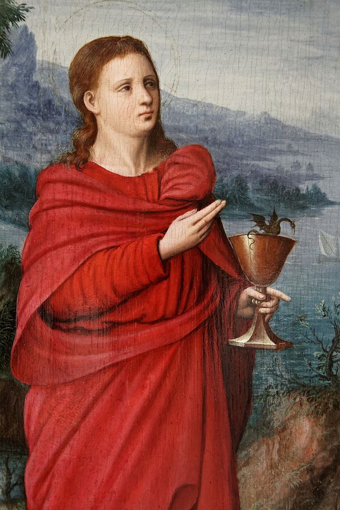Détail d'un tableau représentant Saint Jean l'évangéliste passant l'épreuve de la coupe empoisonnée. Selon la tradition, le…