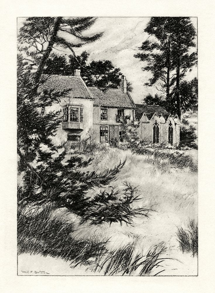 Illustration of The Garden at Somersby Rectory, the house where Tennyson wrote many of his early poems. by W. E. F. Britten…