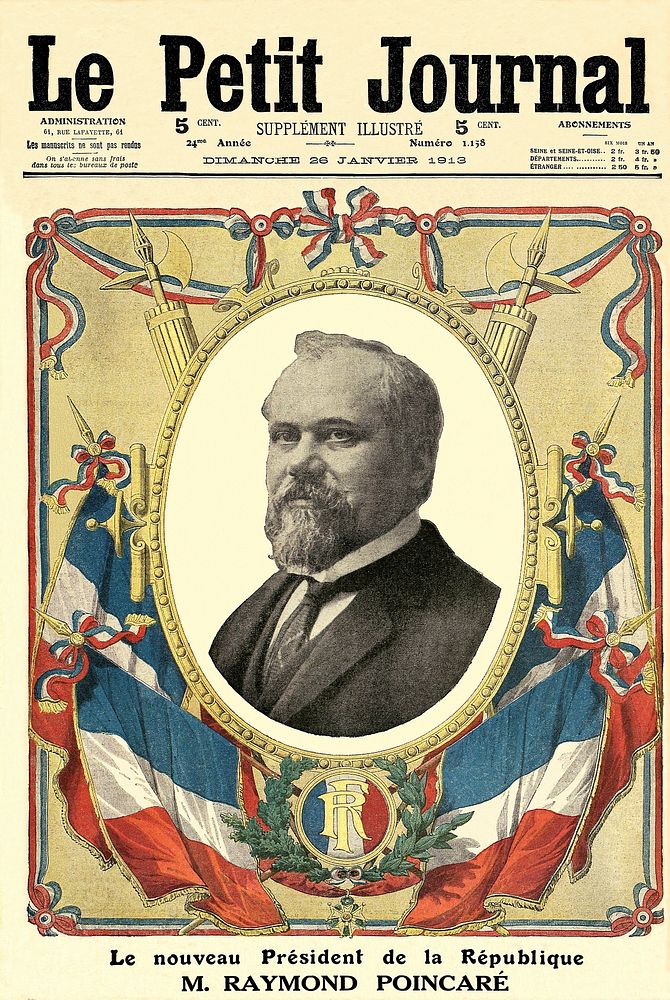 Front page of the weekly illustrated supplement of "Le Petit Journal", celebrating the election of Raymond Poincaré, as new…