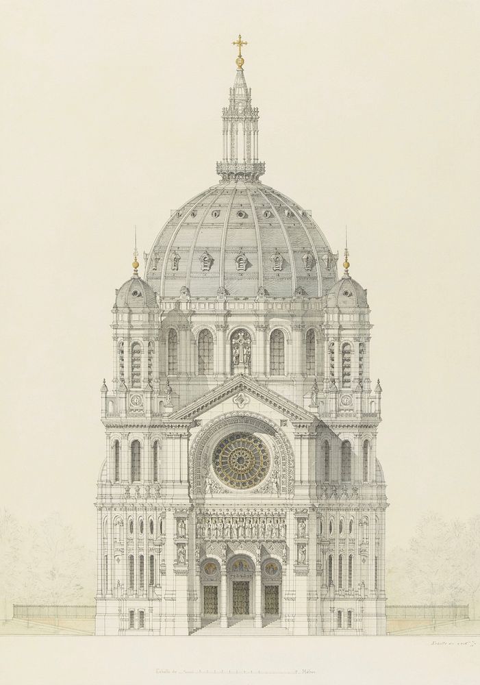 Church of Saint Augustin, Paris, elevation of the main facade by Victor Baltard