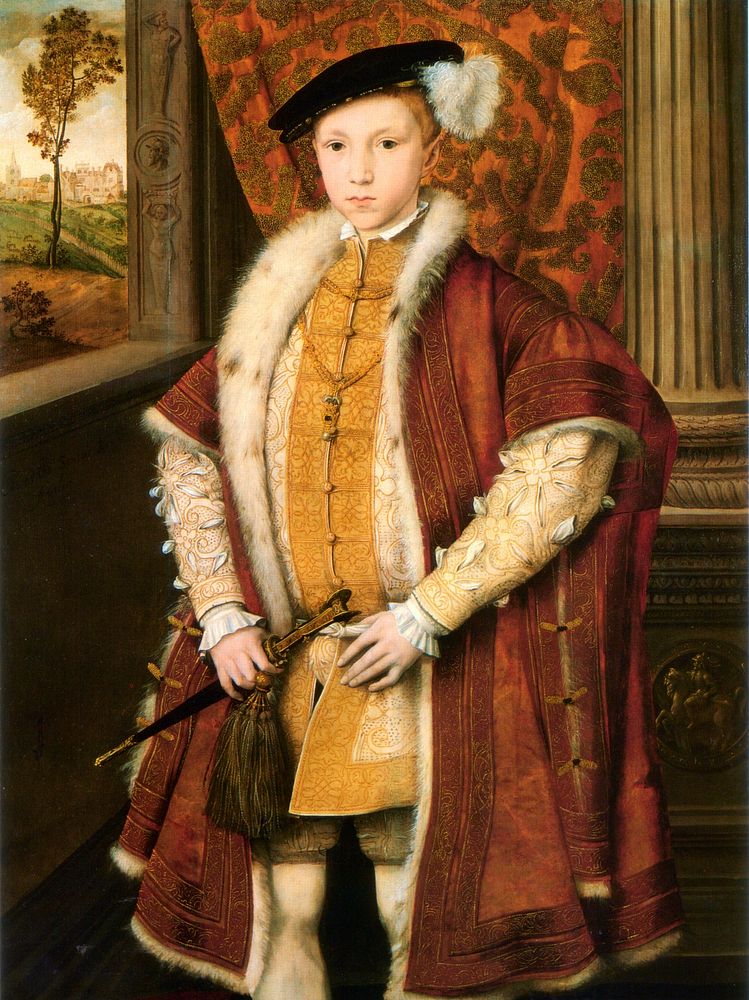 Edward VI of England in the Queen's Drawing Room, Windsor Castle. The figure is wearing several layers of clothing. The…