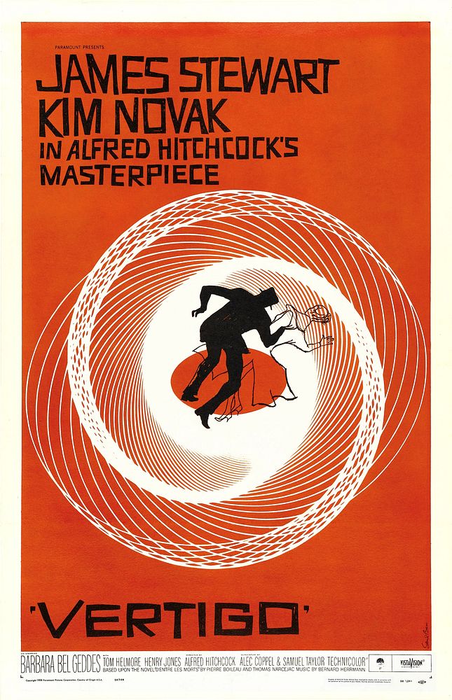 Theatrical poster for the film Vertigo. Restored by Adam Cuerden. Work done: Long fold (?) marks removed. Minor blobs fixed.