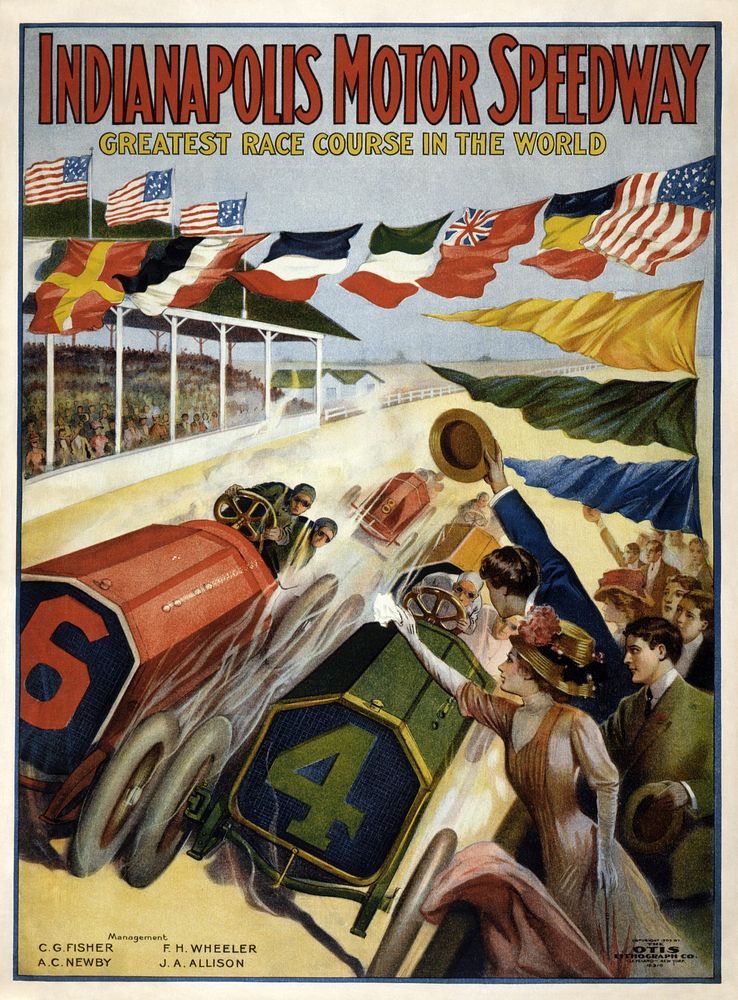 1909 poster advertising the Indianapolis Motor Speedway (which opened in 1909, making this a very early advertisement)