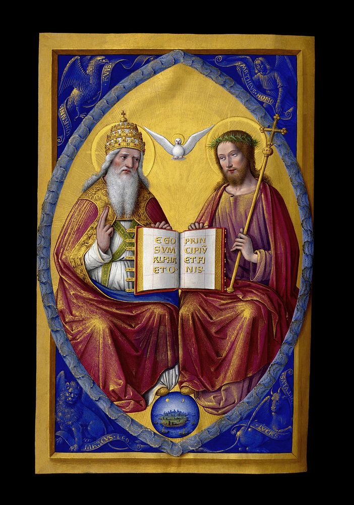 God the Father on left, Jesus on right, holding book with seven seals open to Alpha and Omega passage, dove of Holy Spirit…
