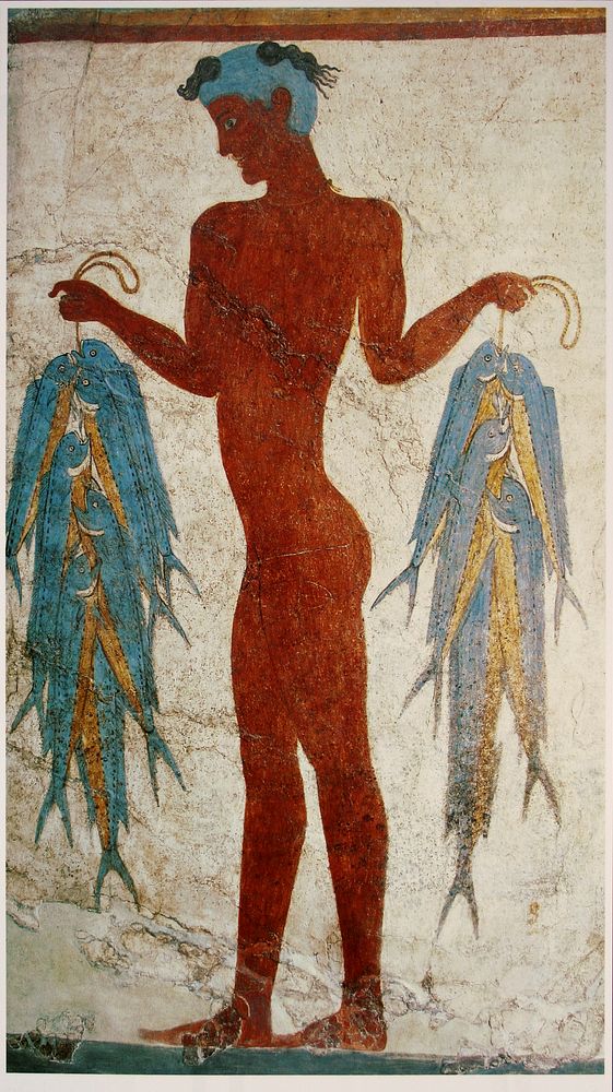 Fresco of a fisherman, Akrotiri, Santorini, Greece. Height: 1.10 m