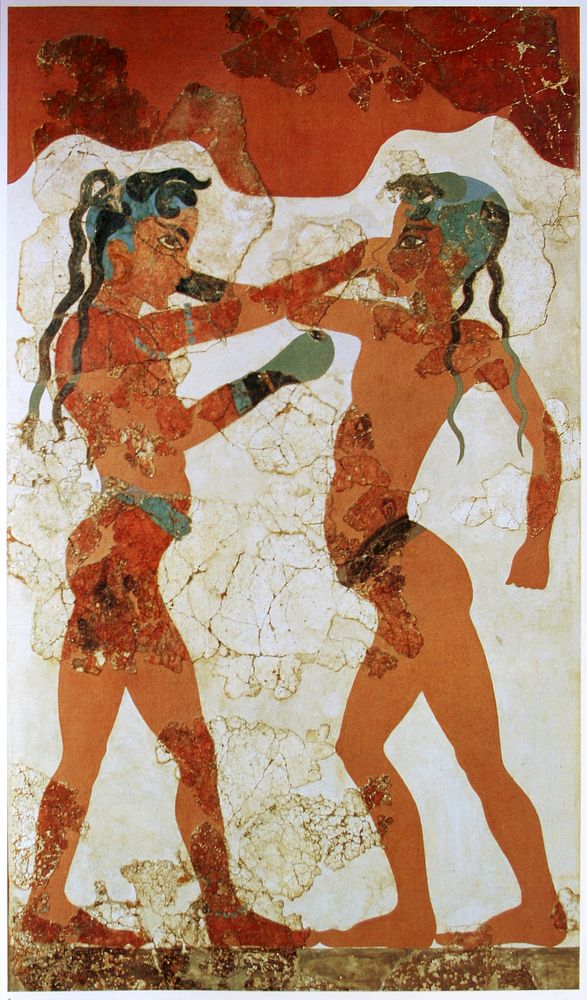 Young boxers fresco, Akrotiri, Greece. This fresco depicts two naken children wearing a belt and boxing gloves. Their head…
