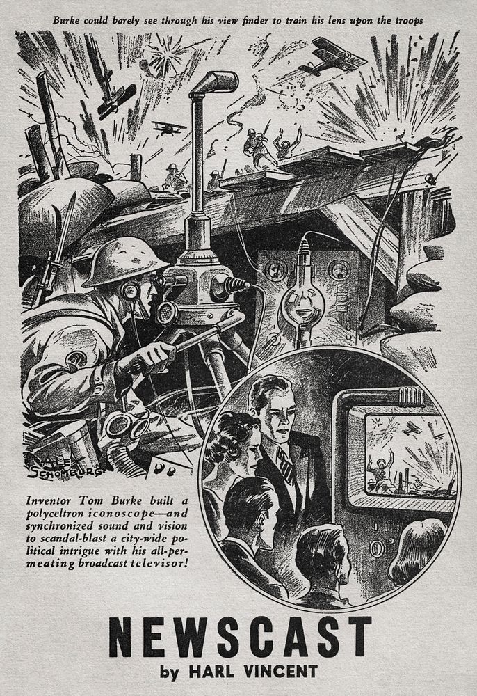 Interior illustration from the April-May 1939 issue of Marvel Science Stories for the story Newscast by Harl Vincent. Art by…