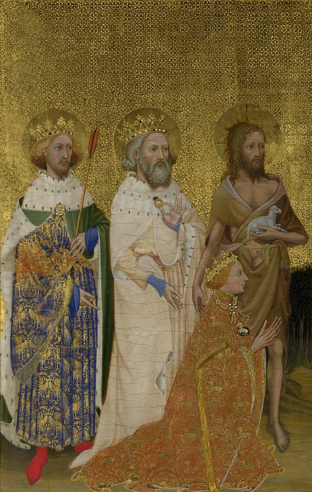 Richard II of England with his patron saints, l to r: King Edmund the Martyr, King Edward the Confessor, St John the…