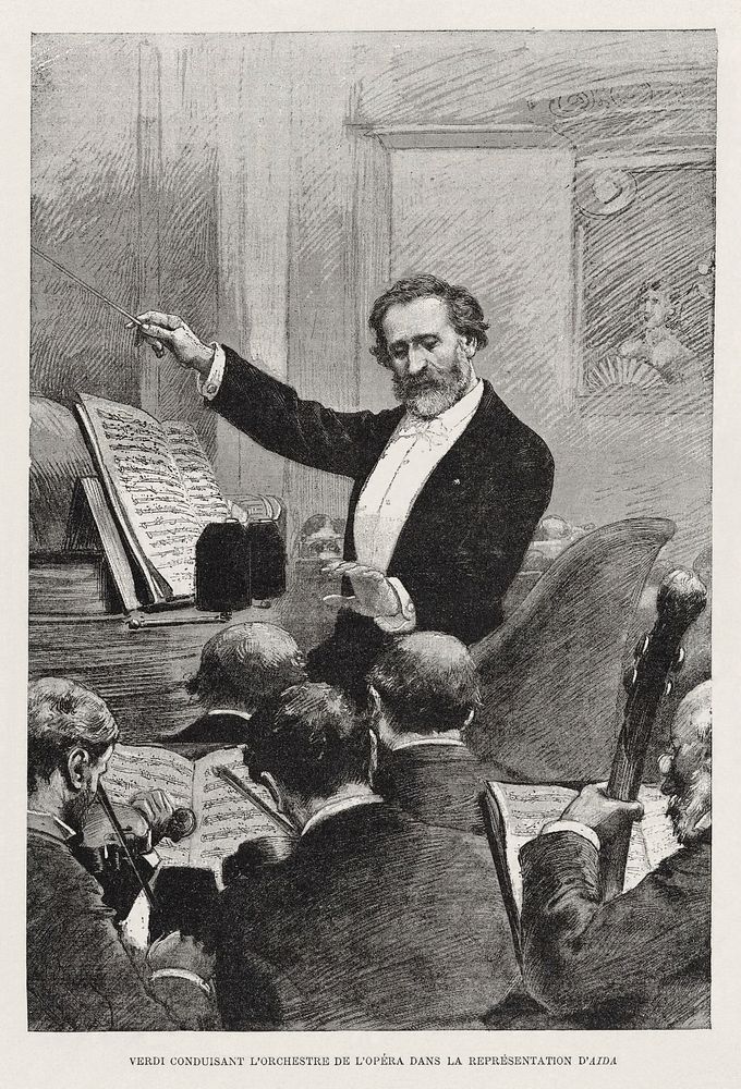 Giuseppe Verdi conducting the Paris Opera premiere of Aida (sung in French) at the Palais Garnier on 22 March 1880, drawing…