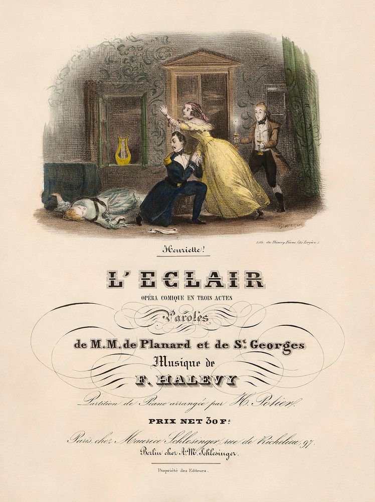 Hand-coloured title page to a an 1836 vocal score to Fromental Halévy's , L'éclair. This is possibly the first edition: the…