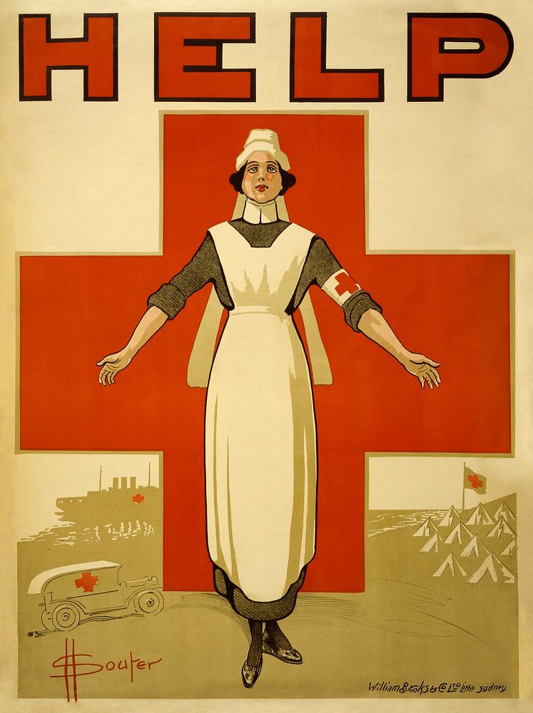 A WWI poster showing a nurse, with her arms outstretched, standing before a large red cross; in background a Red Cross…