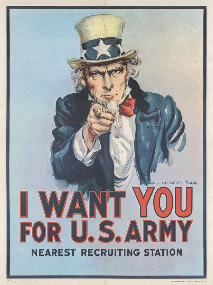 Flagg used the familiar figure of "Uncle Sam" and thus created the most famous and even today still used recruiting poster…