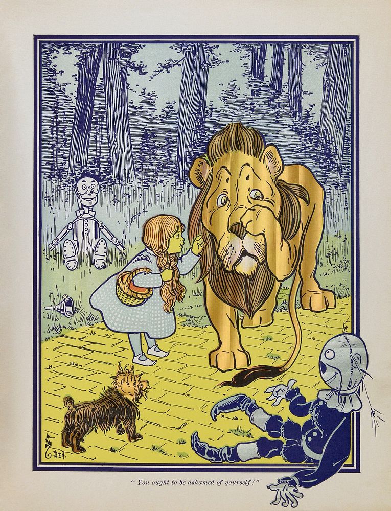 Dorothy meets the Cowardly Lion, from The Wonderful Wizard of Oz first edition.