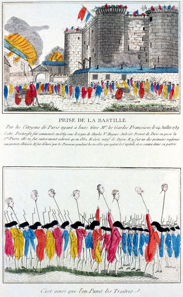 A 1789 French hand tinted etching that depicts the storming of the Bastille during the French RevolutionEnglish…