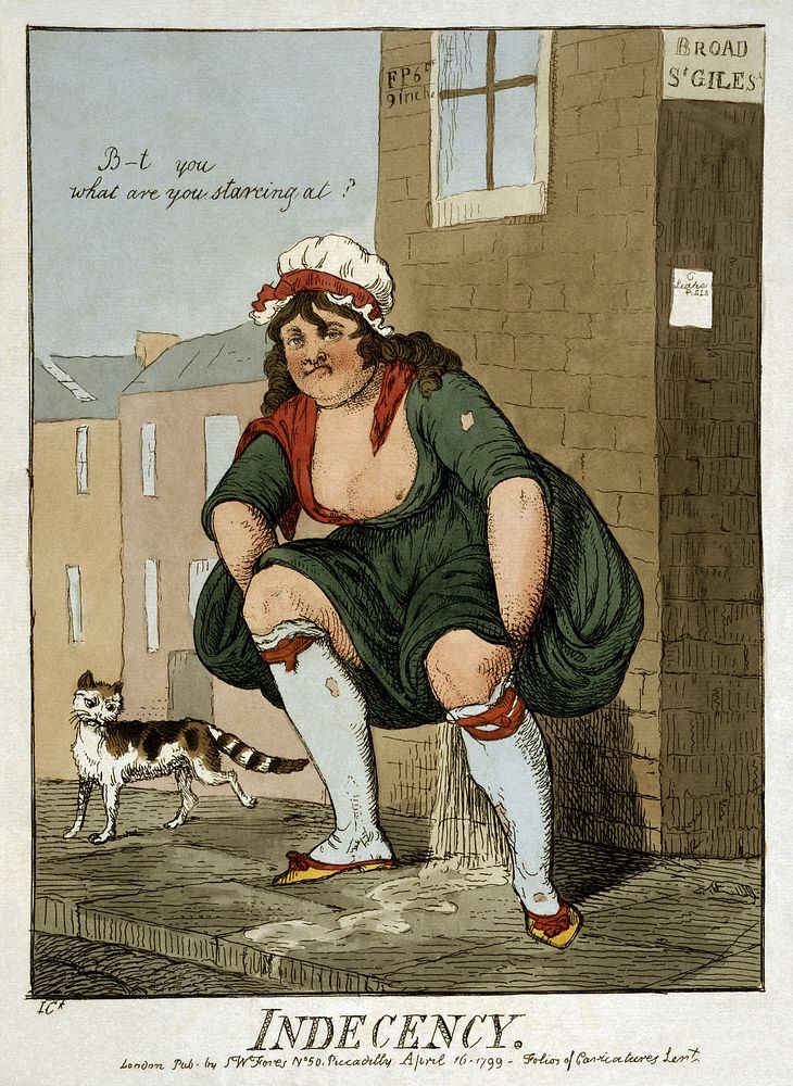 "Indecency" Cartoon print showing a woman urinating in the street, and saying, "Blast you, what are you stareing [sic] at?"…
