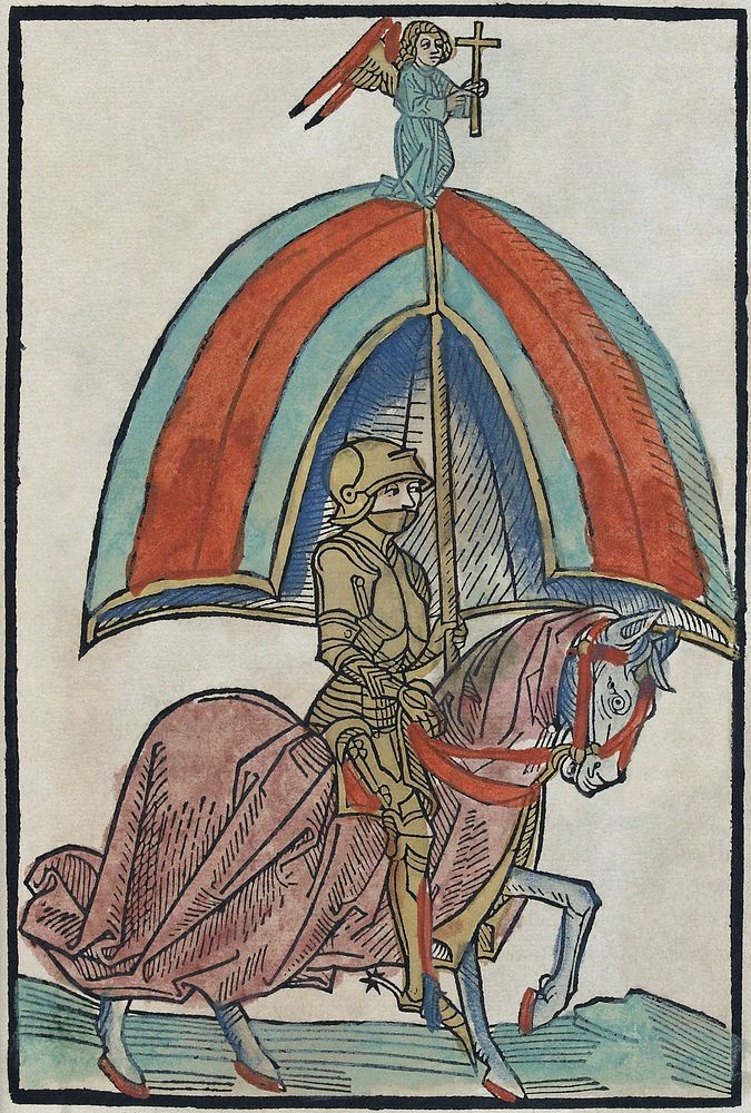 Illustration of a knight in Gothic armor from Concilium zu Constanz woodcut (digitized page 34 of 509)