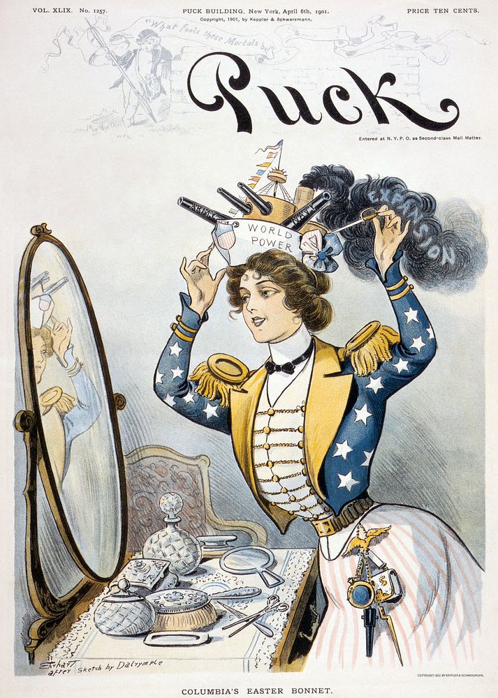 Cover of Puck magazine, 6 April 1901. "Columbia's Easter bonnet / Ehrhart after sketch by Dalrymple."