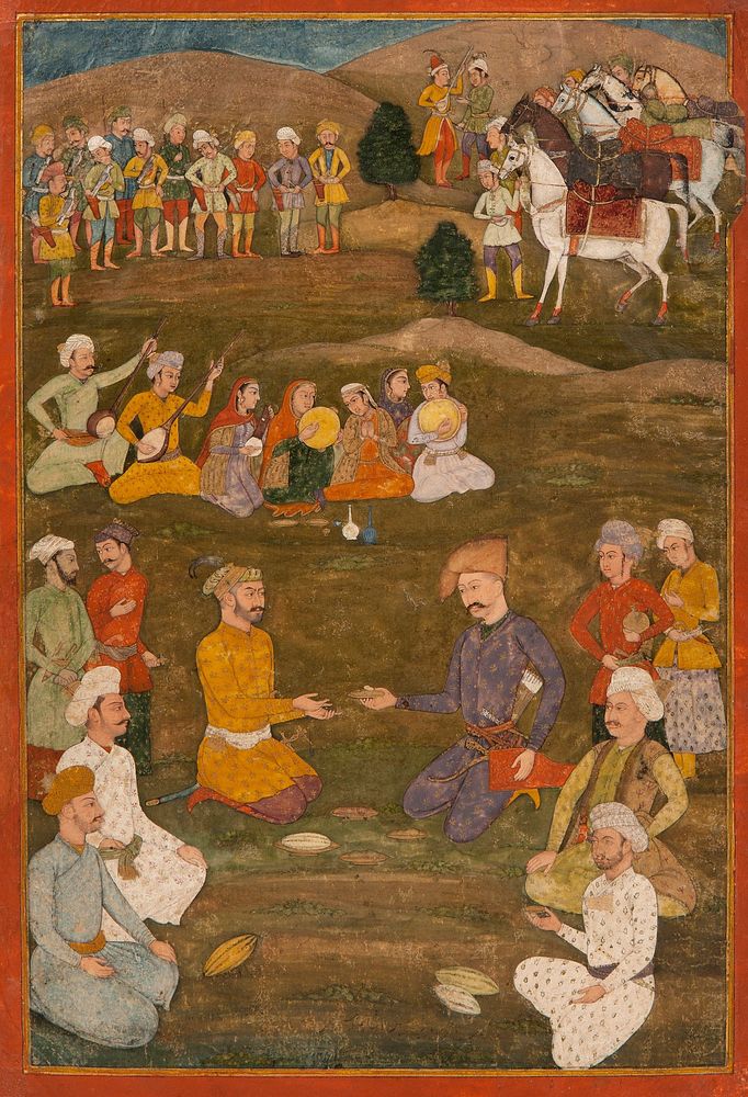 This painting is depicting Shah Abbas receiving the Mughal ambassador Khan ‘ Alam in 1618. Shah Abbas sits to the right of…