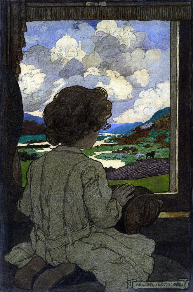 "The Journey": Illustration depicts a young boy absorbed in watching the scenery from his seat in a railway car for a series…