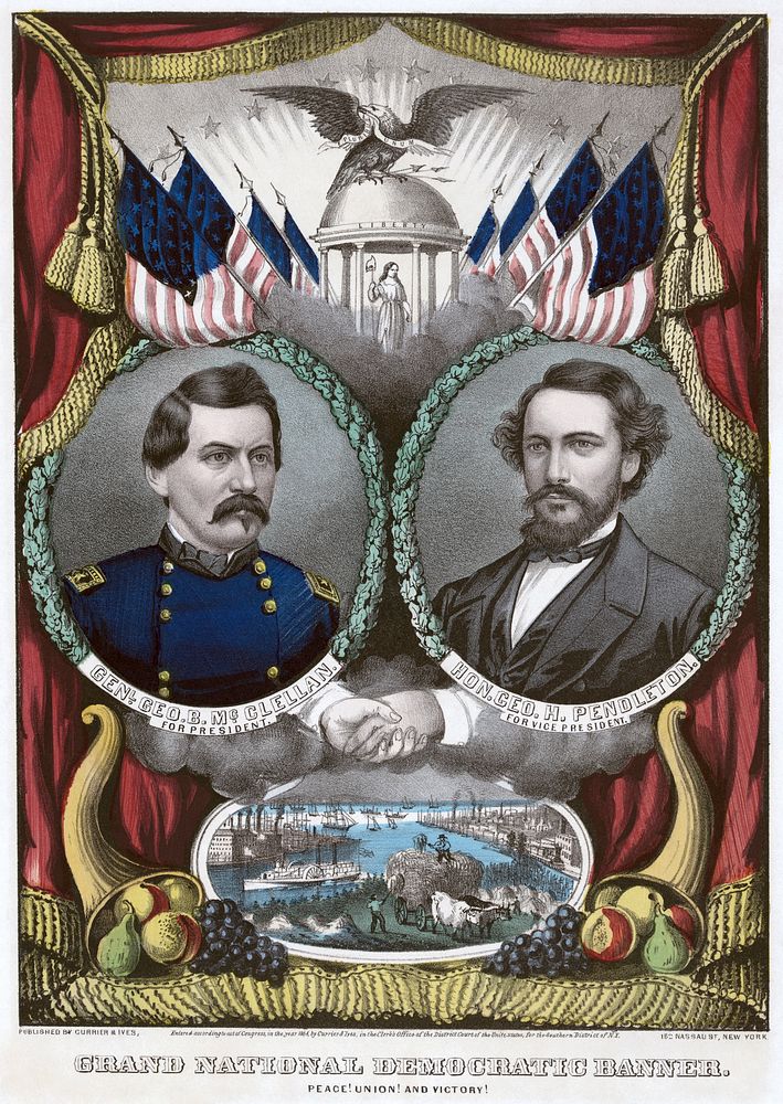 United States Democratic presidential ticket, 1864. Print shows a campaign banner, almost identical to the "Grand National…