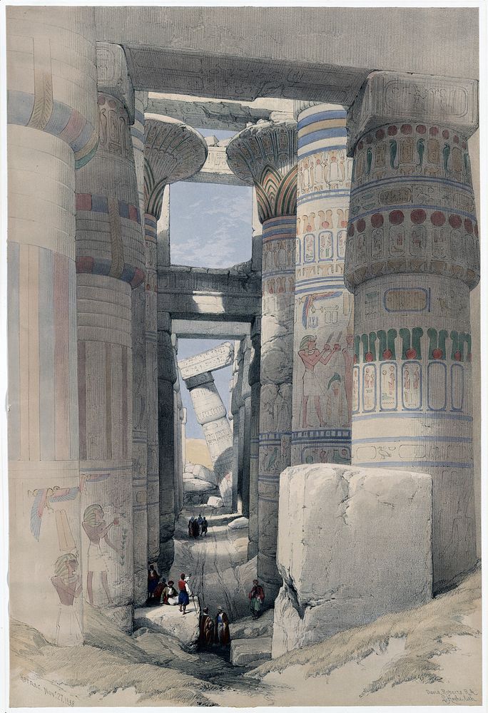 Karnac: "Dromos or first court of the temple." colored lithograph of Karnak