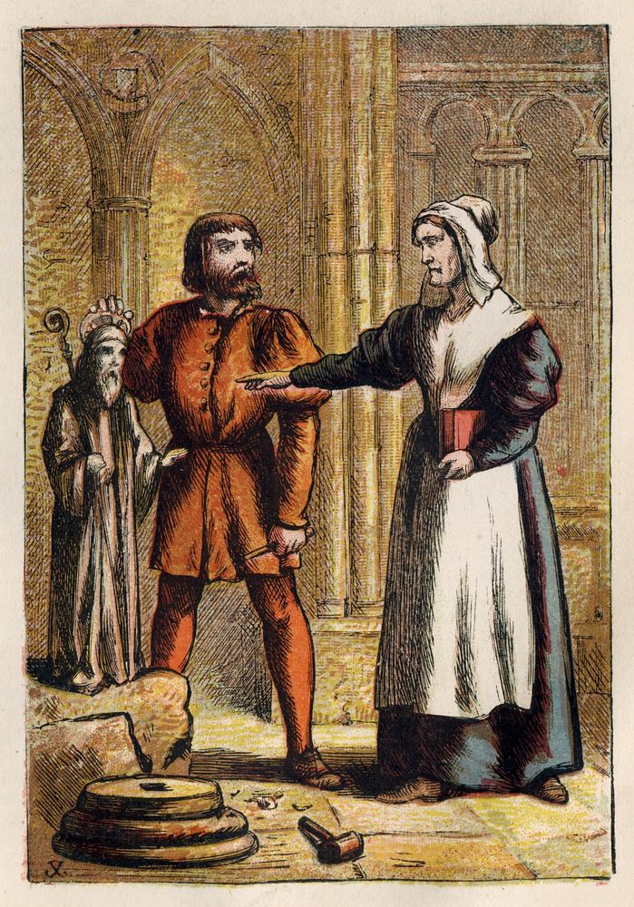 "Prest's Wife and the Stonemason", from an 1887 copy of Foxe's Book of Martyrs illustrated by Kronheim.