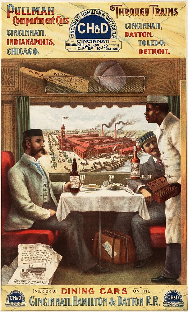 Color lithograph advertisement showing the interior of a Pullman dining-car belonging to the Cincinnati, Hamilton and Dayton…