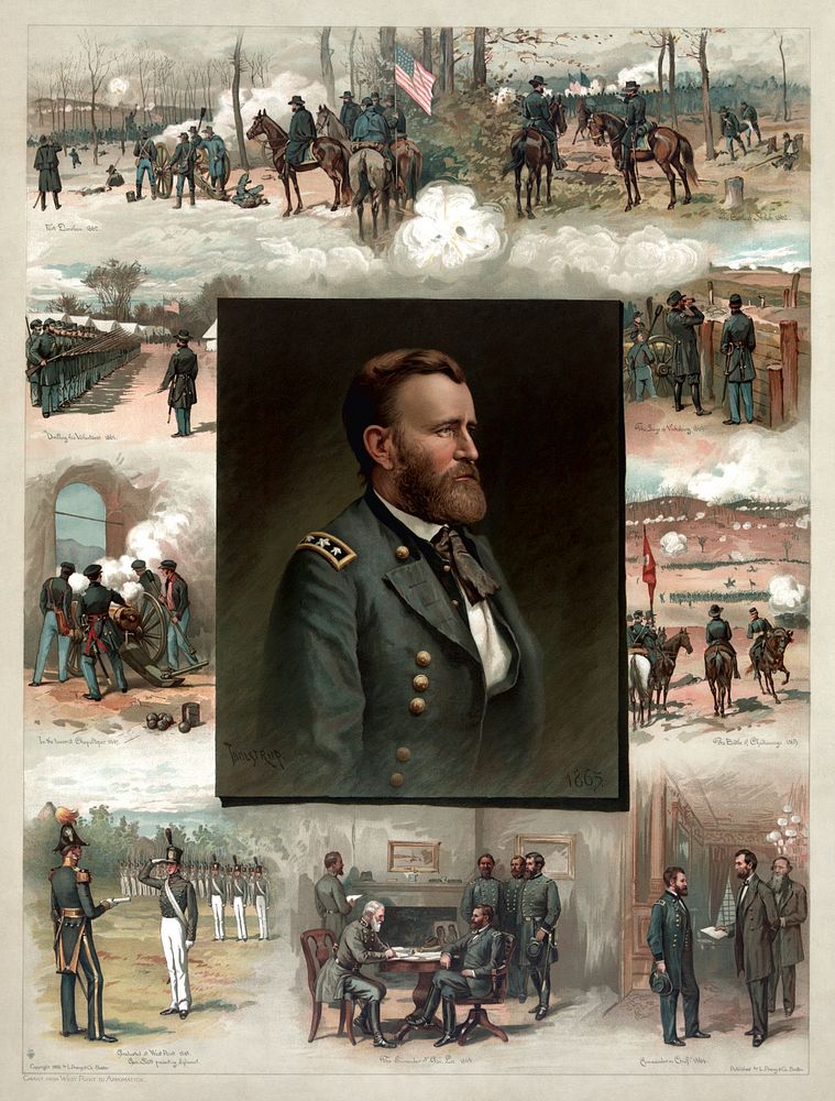 Grant from West Point to Appomattox, an 1885 engraving presumably intended to commemorate Grant's achievements after his…