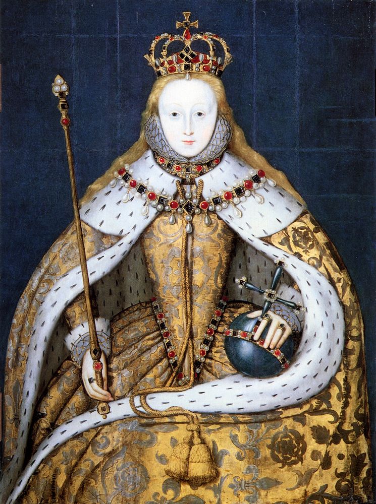 Queen Elizabeth I of England in her coronation robes, patterned with Tudor roses and trimmed with ermine. She wears her hair…