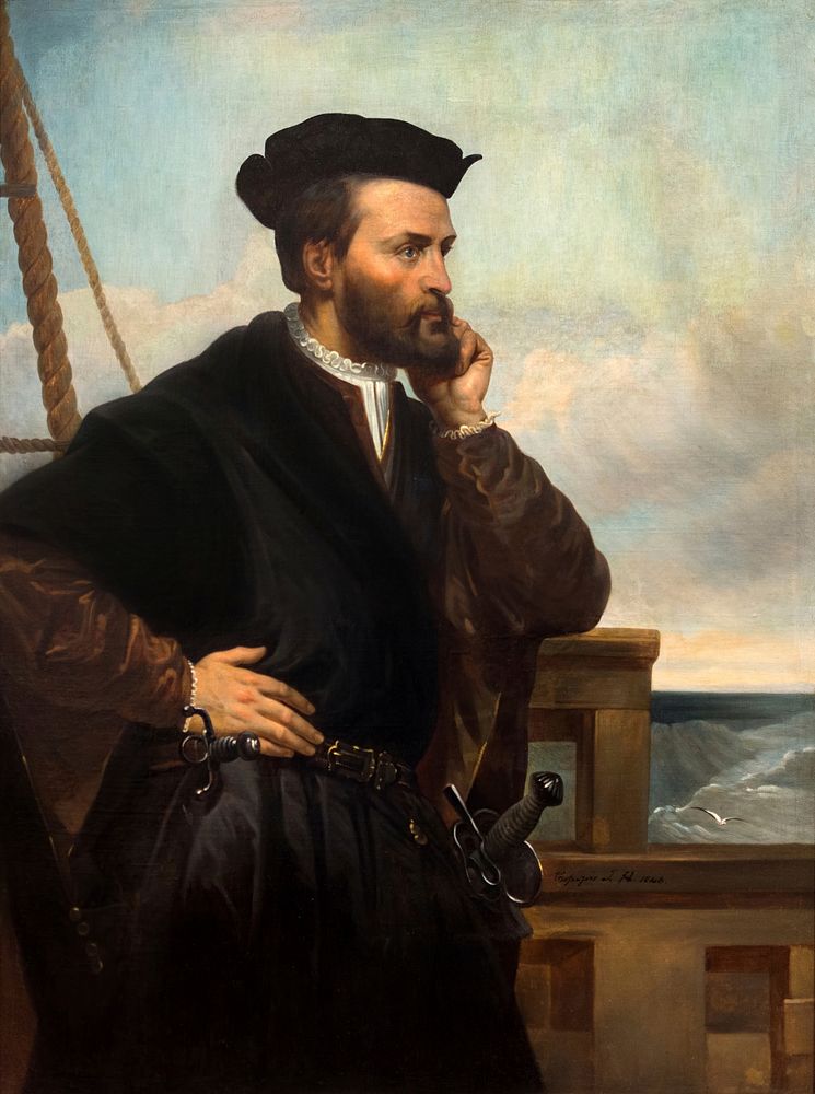 A painting representing a side picture of explorer Jacques Cartier, produced by the painter Theophile Hamel (1844).