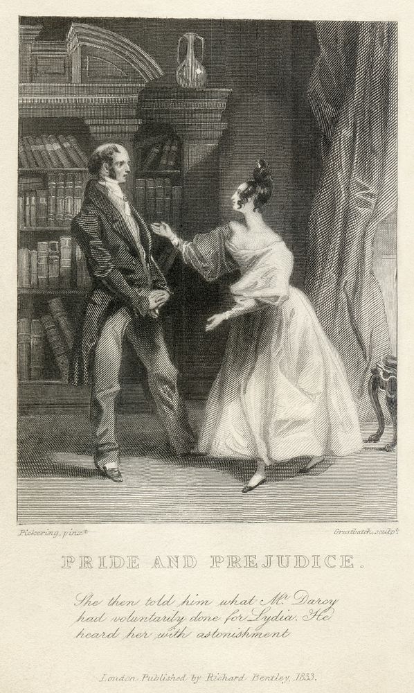 An 1833 engraving of a scene from Chapter 59 of Jane Austen's Pride and Prejudice. Mr. Bennet is on the left, Elizabeth on…