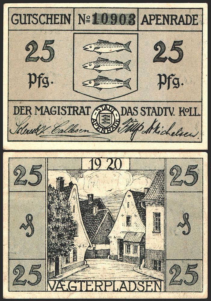 25 Pfennig "Notgeld" banknote of Apenrade (1920), size: 55 mm x 77 mm.