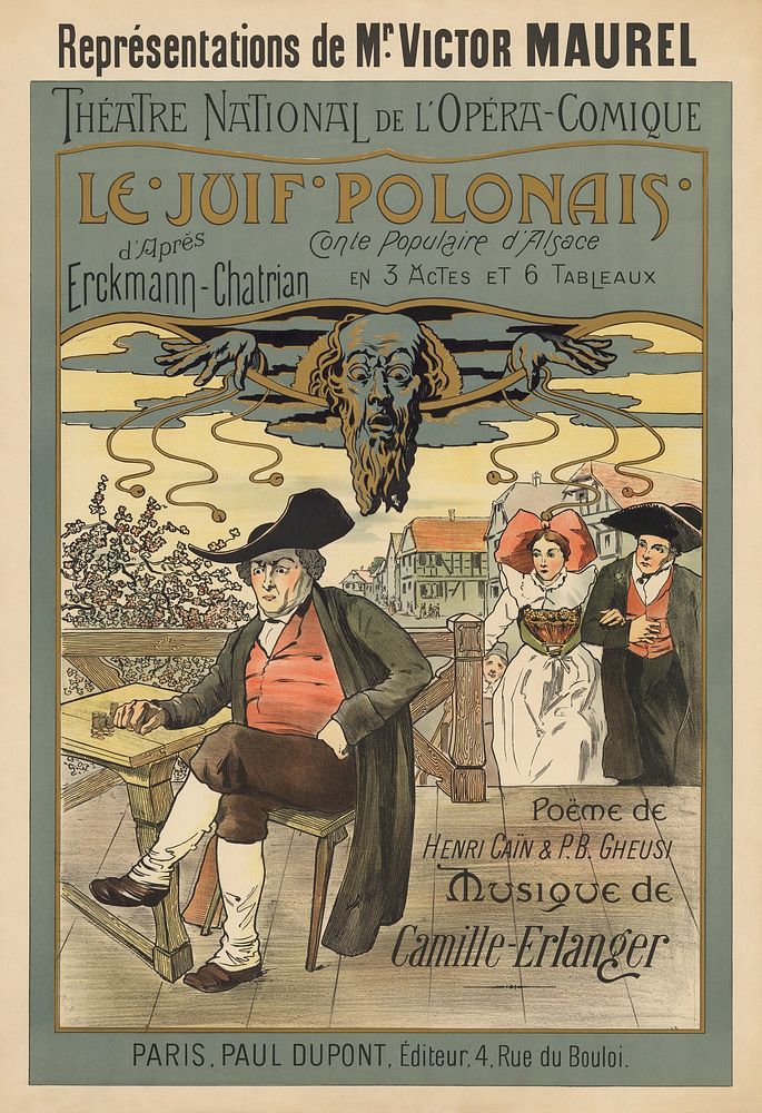 Poster from the 11 April 1900 première of Camille Erlanger's Le juif polonais. Lithograph, 150 x 80 cm.N.B. Gallica credits…