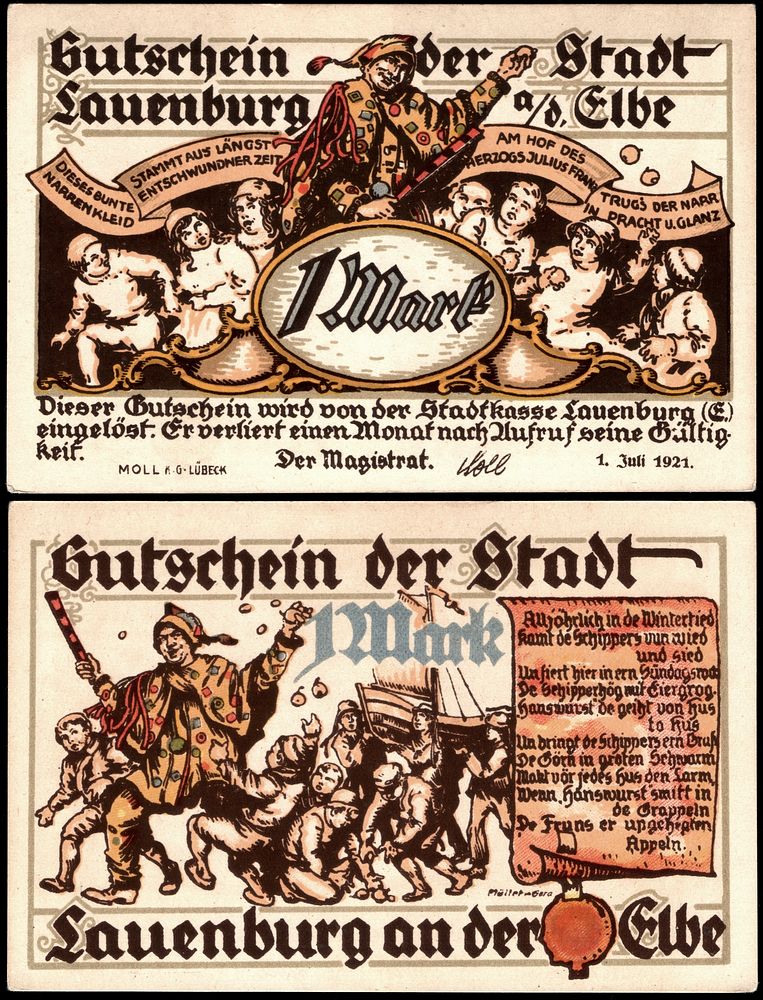 1 Mark Notgeld banknote of Lauenburg (1921), signed: Müller-Gera, depicting jester scenes on both sides…