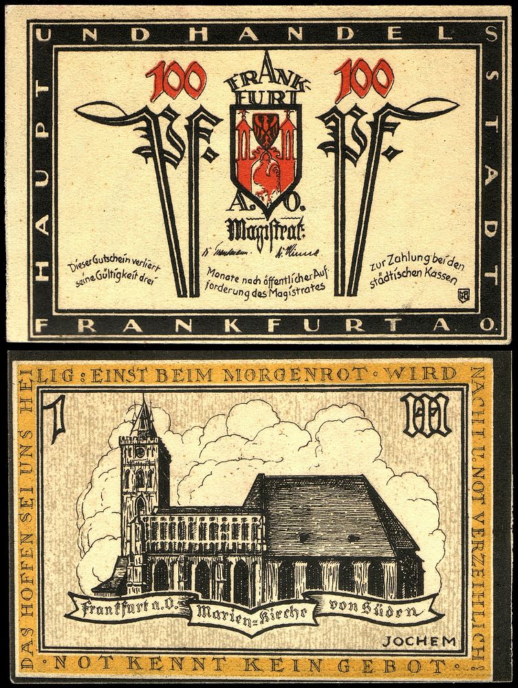 100 Pfennig (= 1 Mark) Notgeld banknote of the Town of Frankfurt (Oder) (1921), RV: Marienkirche (view South)…