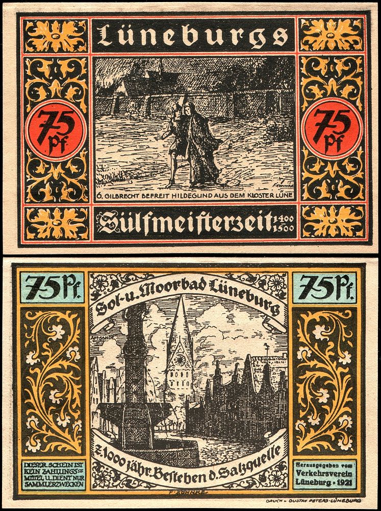 75 Pfennig Notgeld banknote of the Town of Lüneburg (1921), designed by Fritz Köhnke, AV: "Gilbrecht befreit Hildegund"…