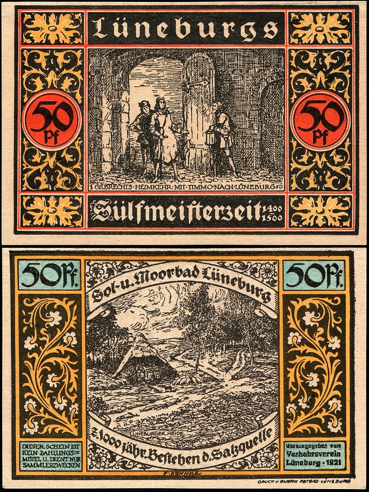 50 Pfennig Notgeld banknote of the Town of Lüneburg (1921), designed by Fritz Köhnke, RV: "Lüneburger Heide"…