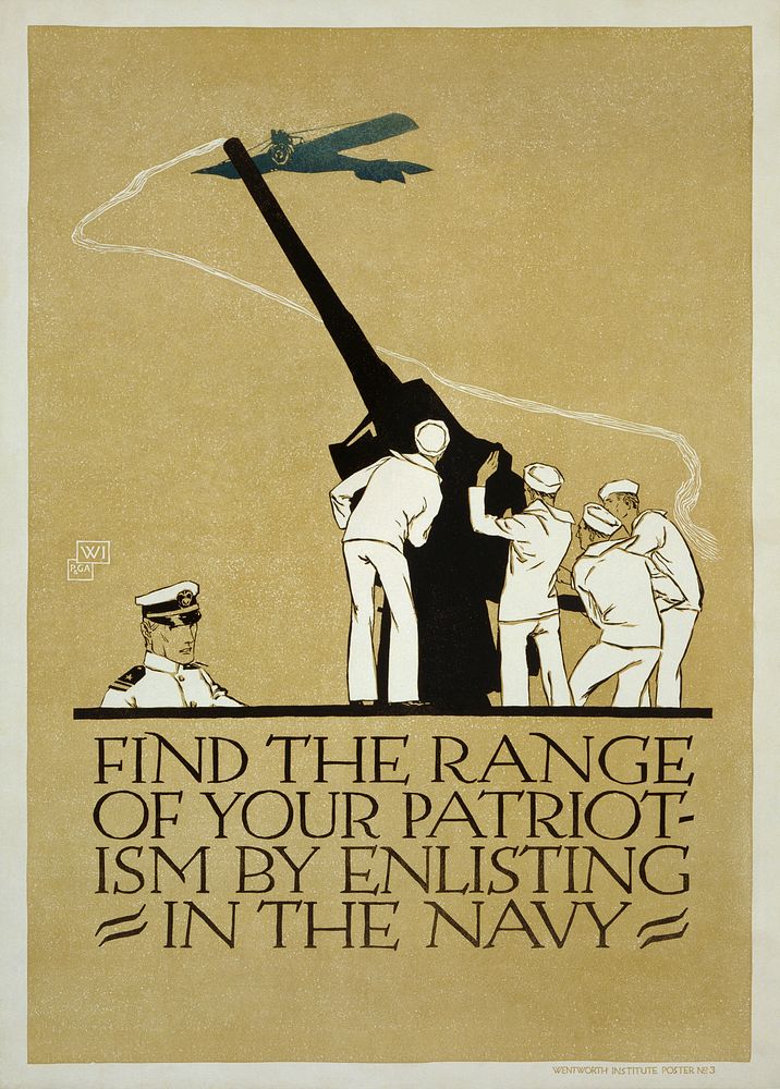 "Find the range of your patriotism by enlisting in the Navy" color lithograph poster.