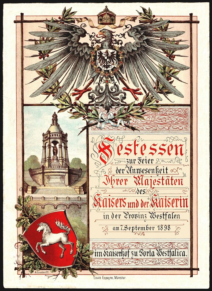 Menu card (front page) for the banquet in honour of the presence of German Emperor Wilhelm II and Empress Auguste Viktoria…