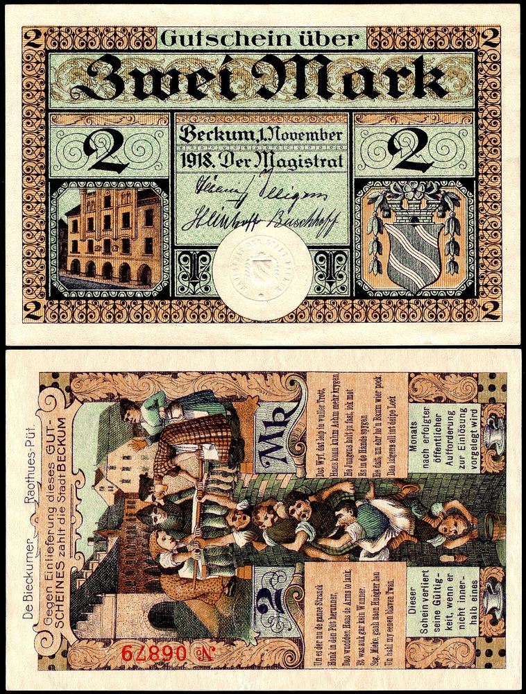 2 Mark "Notgeld" banknote of Beckum, size: 93 mm x 140 mm.