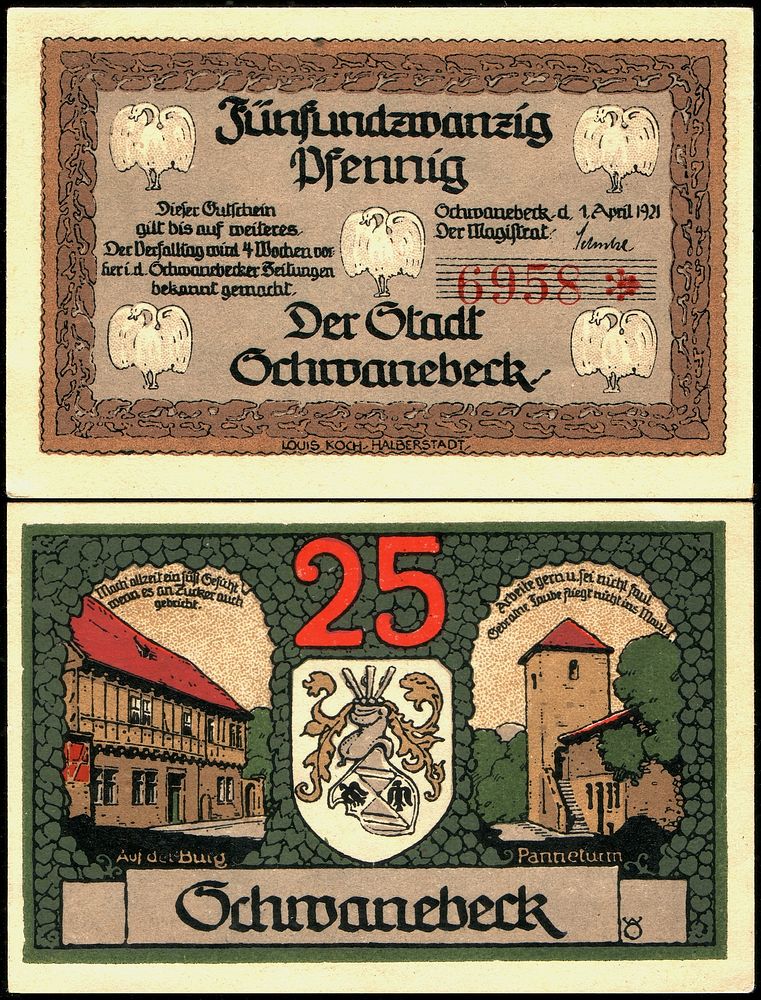 25 Pfennig "Notgeld" banknote of Schwanebeck, size: 51 mm x 77 mm.